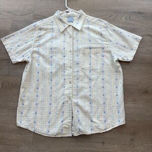 Vintage Womens XL Cascade Studio Short Sleeve Button Up Shirt Yellow Blue Heart